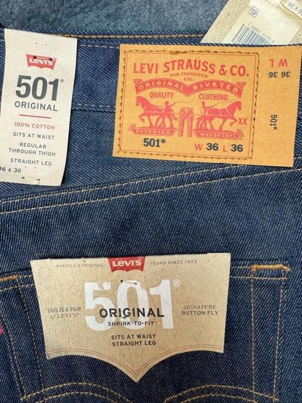 Levi's 501 Original Jeans Mens 36x36 Blue Raw Denim Shrink-To-Fit Button Fly